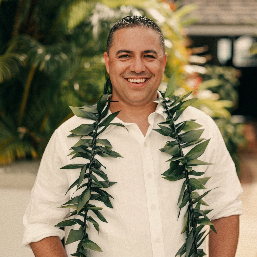 Johnny Bigley smiling, wearing a green leaf lei