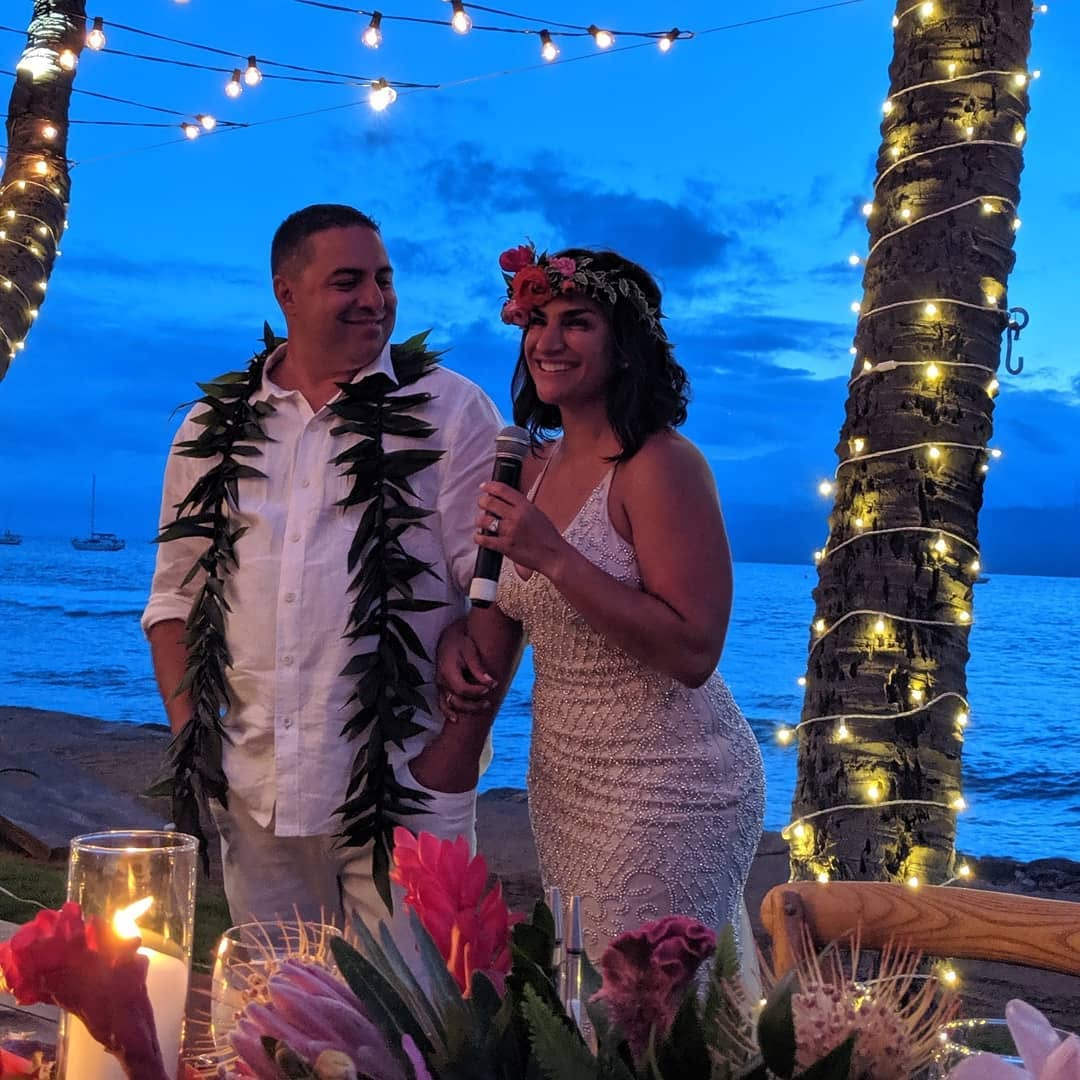 Johnny and Nikole at their twilight beach wedding