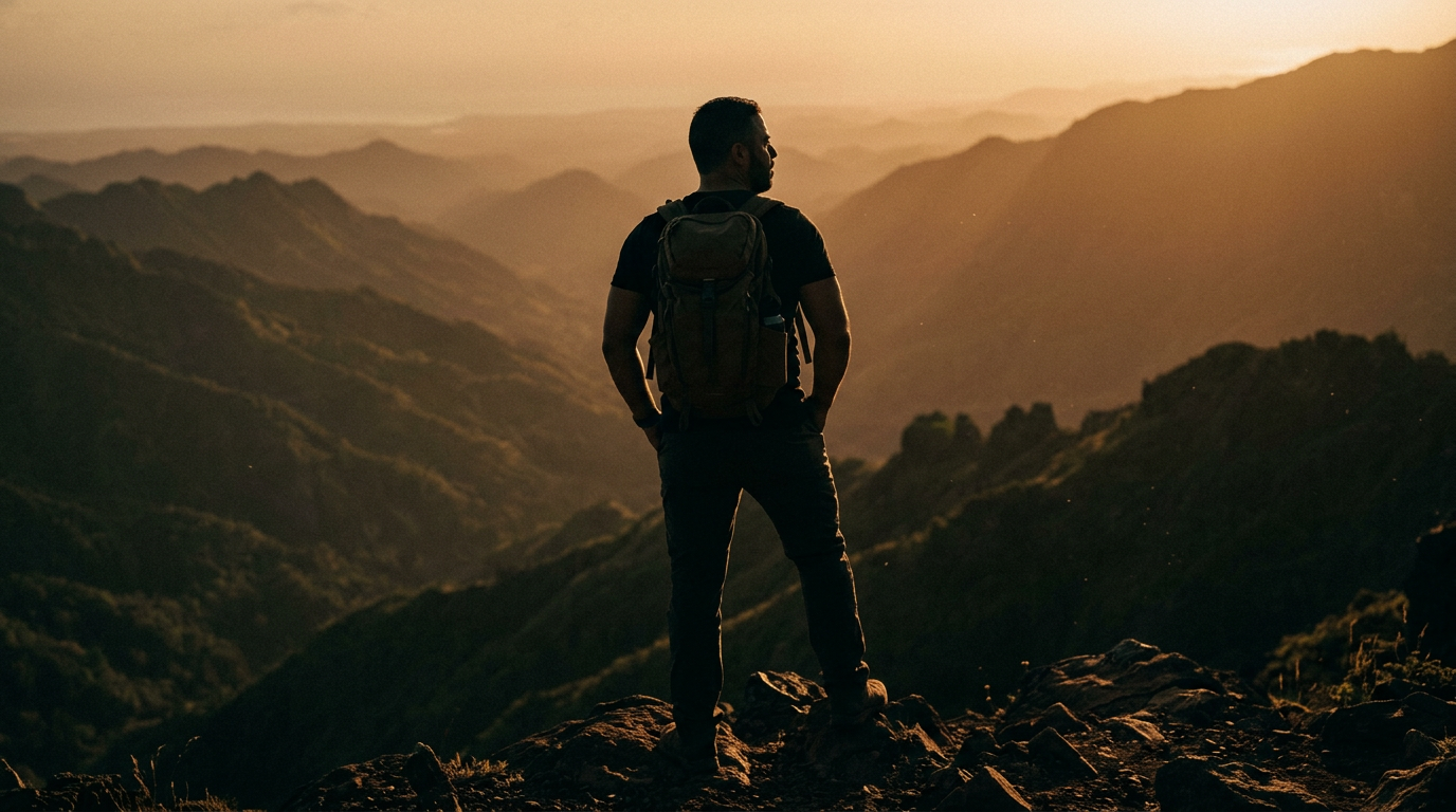 Man with backpack on a mountain ridge at sunset