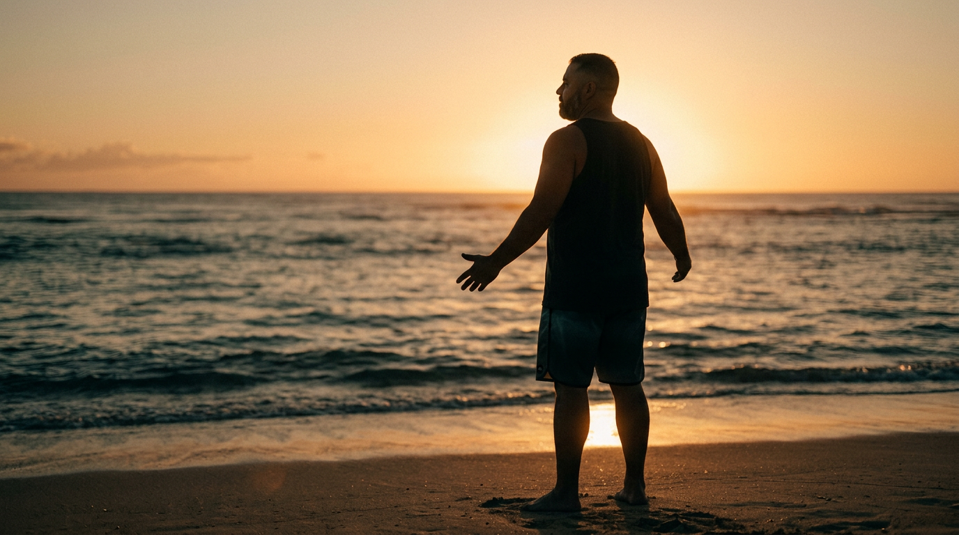 Silhouette of a man facing the ocean at sunrise