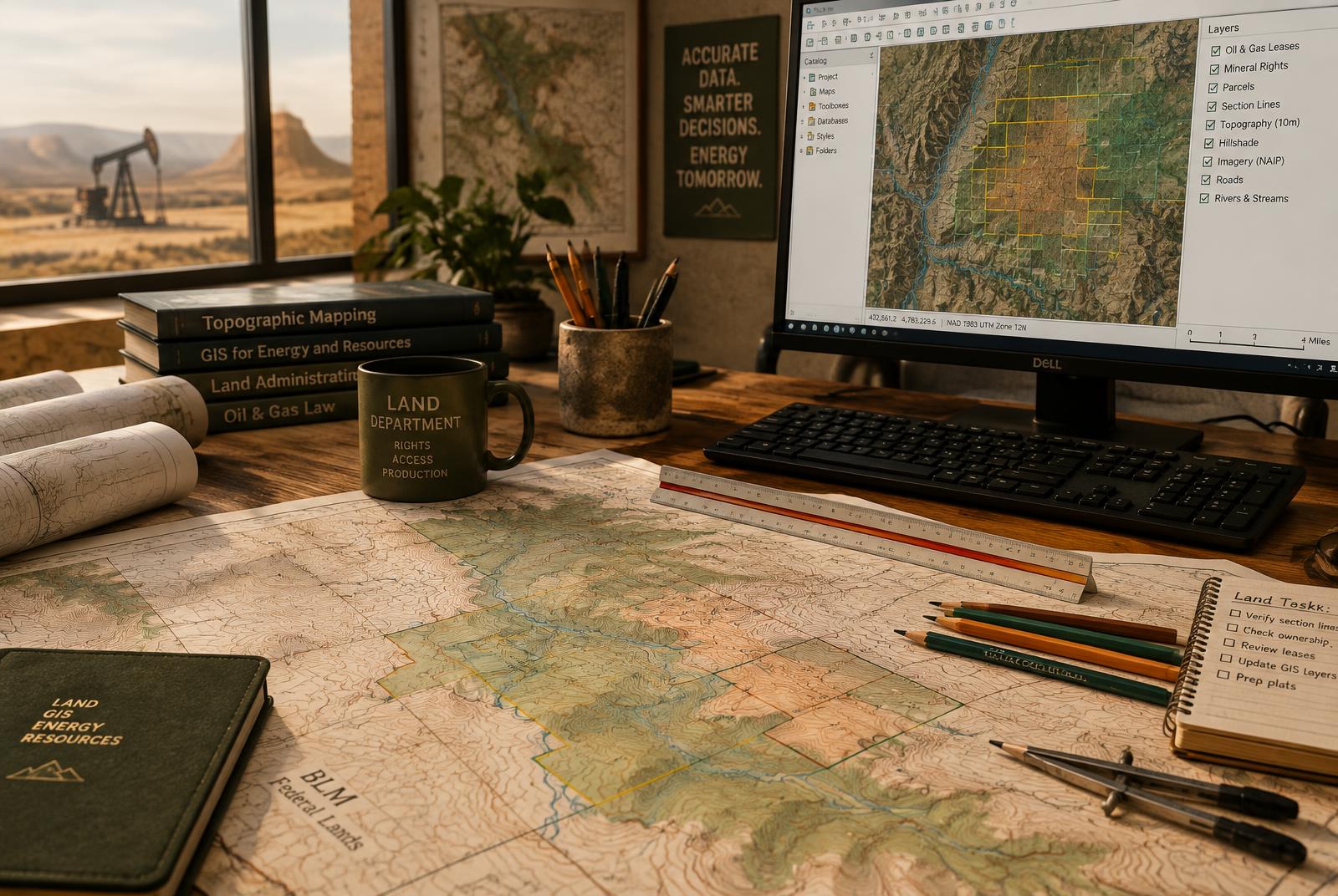 A land GIS workstation with topographic maps, drafting tools, and mapping software
